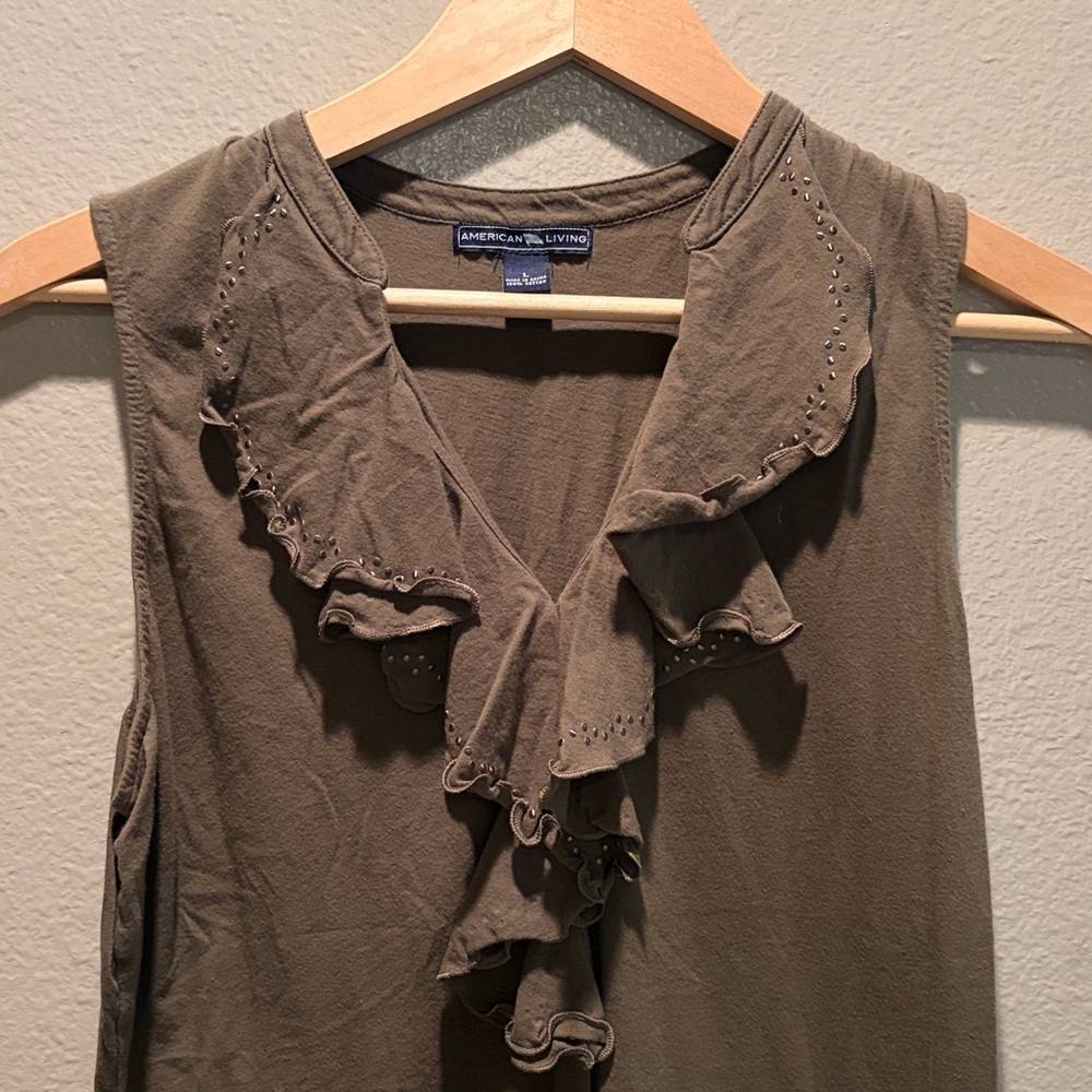 American Living Women's Olive Ruffle Neck Sleeveless Cotton Blouse Top Size L - Picture 4 of 16